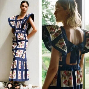 NEW, Sea Pippin Smocked Patchwork-printed Cotton Maxi Apron Dress Sz 8 #MD1513